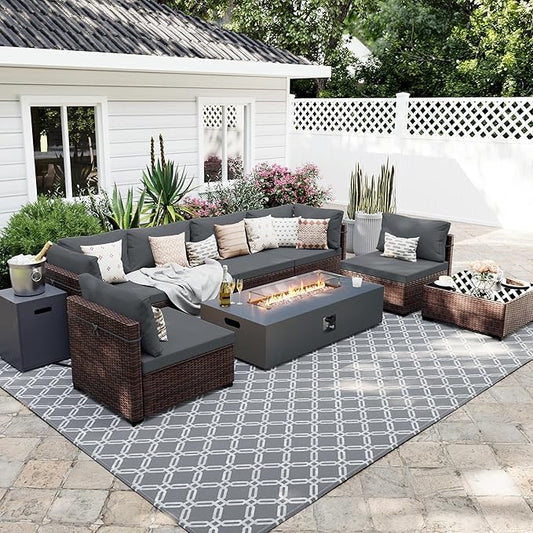 UPHA 9 Pieces Patio Furniture Sets, Wicker Outdoor Sectional Sofa Couch with Rectangle Propane Pit for Deck Backyard Garden, Brown Rattan, Dark Gray Cushion