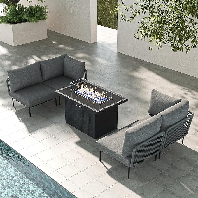 LayinSun 5 Pieces Aluminum Patio Furniture Set, Modern Modular Sectional Sofa with Fire Pit Table and Upgrade Thickness Cushion