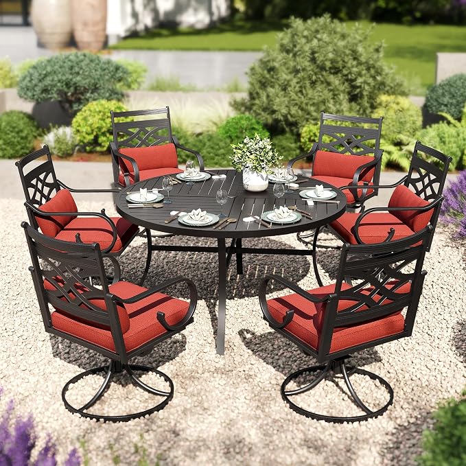 PHI VILLA 7 Pieces Outdoor Dining Set for 6, 54" Round Black Metal Table with Umbrella Hole & Wrought Iron Swivel Chairs, Large Outside Furniture with Red Cushions & Pillows for Patio, Deck, Porch by PHIVILLA