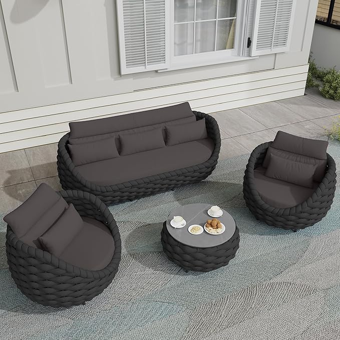 TWT 6-Piece Aluminum Patio Furniture Set, Modern Outdoor Conversation Set Sectional Sofa with Water Repellent Thick Cushions and Coffee Table for Balcony, Garden