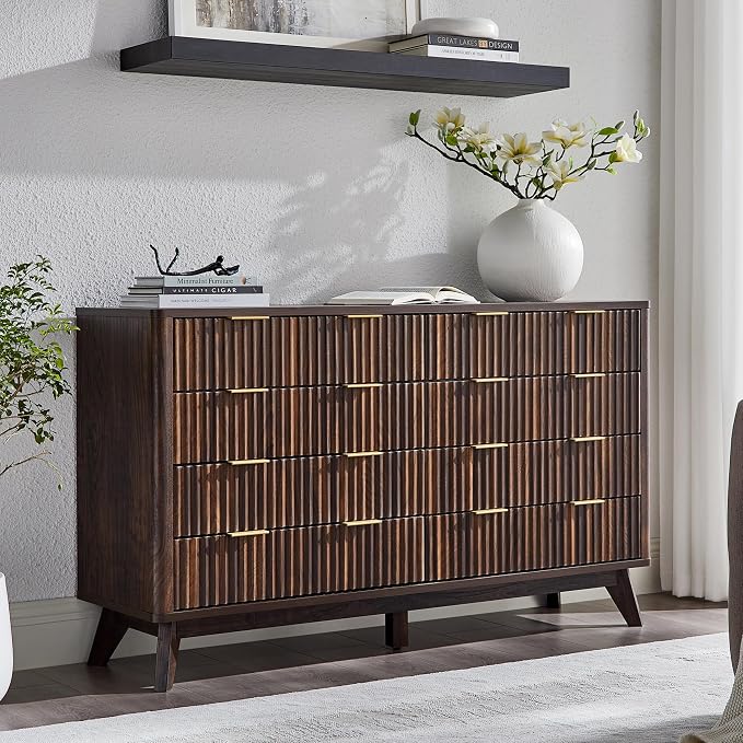T4TREAM Fluted 8 Drawers Dresser, 54" Wide Modern Chest of Drawers, Curved Profile Design, Dresser TV Stand, Wood Drawer Organizer for Bedroom, Living Room, Hallway, Dark Walnut by T4TREAMFurniture