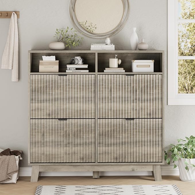 Xixini Shoe Cabinet with 4 Flip Drawers, 46" Tall Narrow Fluted Shoe Storage Organizer for Entryway, Hidden Slim Wooden Shoe Rack Cabinet for Front Door Entrance, Hallway, Living Room, Light Grey - Image 7