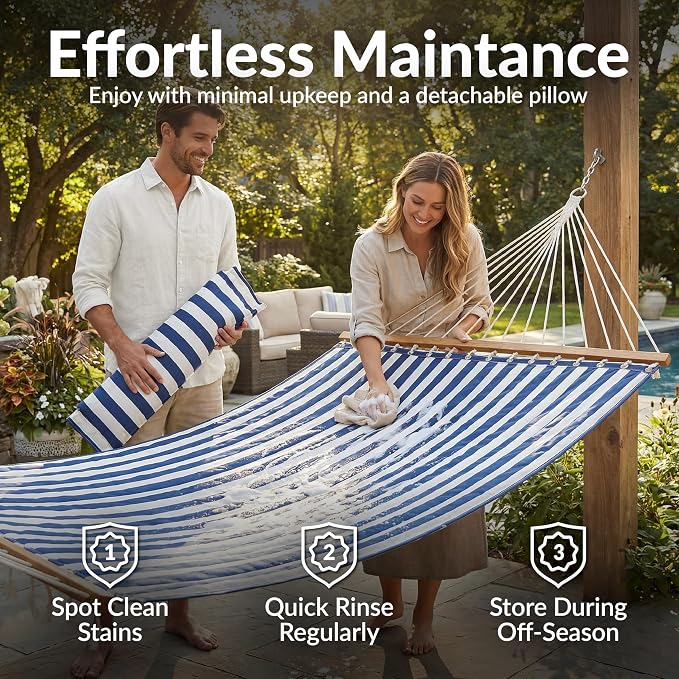 Sunnydaze Quilted Double Hammock for Outside with Spreader Bars and Pillow - 450 lb Capacity, 74x55 Inch Bed, UV Resistant, Quick Dry - Chains Included, Stand Sold Separately - Blue & White Stripe - Image 5