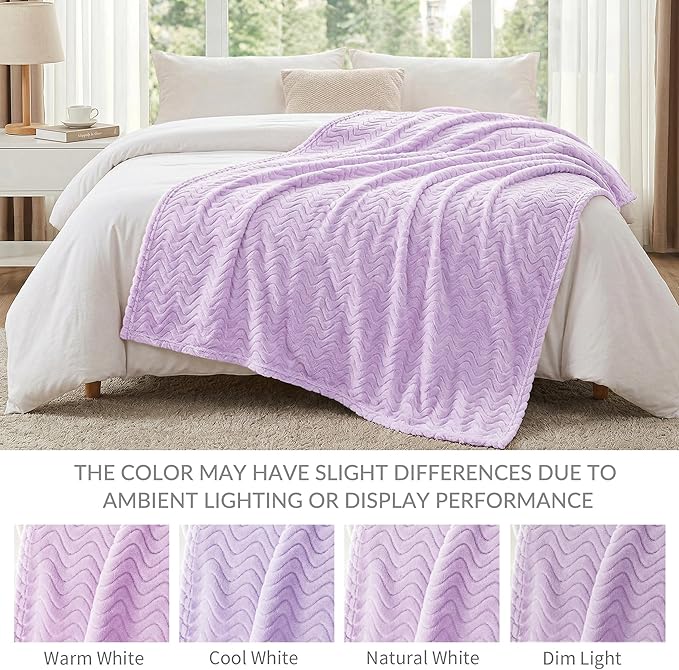 Exclusivo Mezcla Fleece Throw Blanket for Couch, Cozy Lightweight Blankets for All Season, Decorative Giftable Fuzzy Plush Wave Textured Throws for Women, Men, Lilac Purple, 50x70 Inches