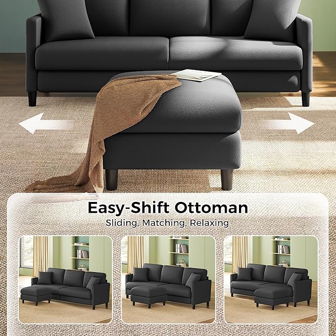 83" Couches for Living Room, Comfy Sofas for Living Room with Storage Ottomans, Teddy Sofa Couch, Tool-Free Loveseat Sofa, All-Wood Love Seat Couches, U Shaped Couch 2 Pillow Included, Grey