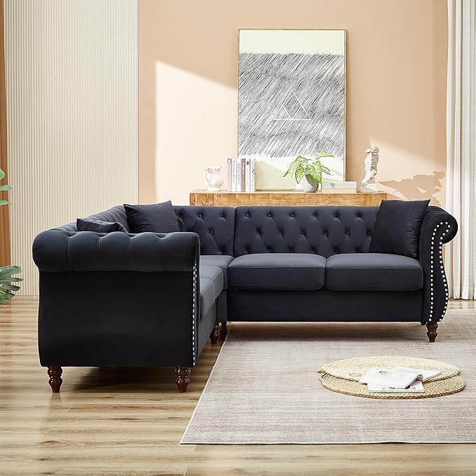 KEIKI 83.5" Chesterfield Corner Sofa, Upholstered L-Shaped Velvet Couch with Rolled Arm, 5 Seater Corner Sofas for Living Room Bedroom Office Apartment, Black