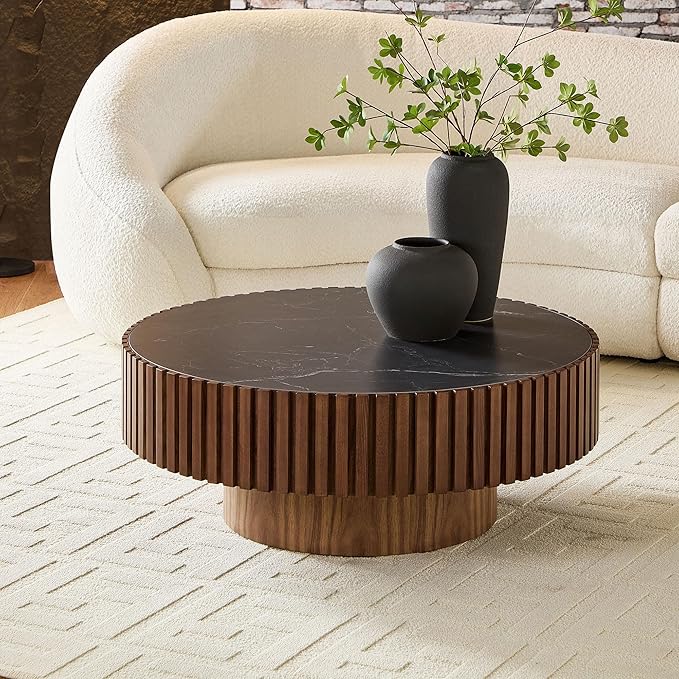 WILLIAMSPACE 35.43" Round Coffee Table with Sintered Stone Tabletop, Modern Farmhouse Wood Circle Drum Center Table for Living Room, Accent Side End Table for Apartment, 13.77" H (Walnut+Black)