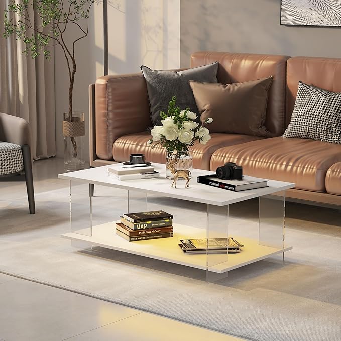 43" Acrylic Coffee Table with White Wood Top, Minimalist Stylish Modern Rectangular Center Tables for Living Room, Led Living Room Table with Storage Shelf & Acrylic Frame for Small Space
