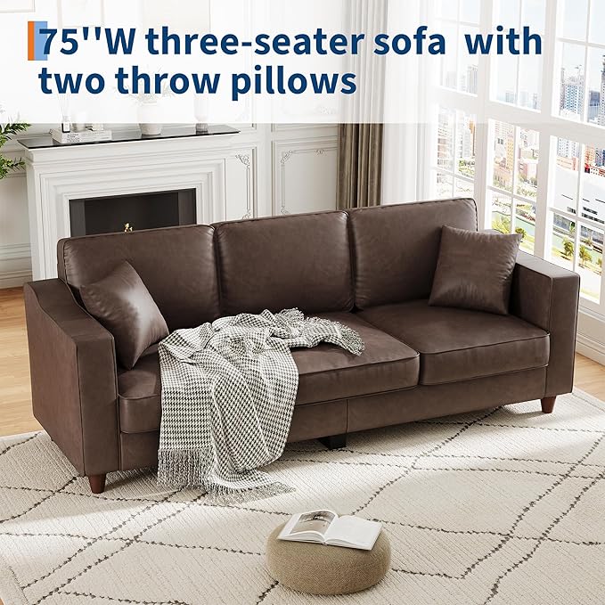 3-Seater Sofa Couch with 2 Throw Pillows, 85 Inches Faux Leather Couch with Wide Armrests, Deep Seats, Wood Legs, Back Cushion, Sturdy Support Feet, Couches for Living Room, Office, Dark Brown