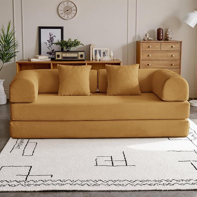 79'' Convertible Compressed Corduroy Folding Cloud Sofa Bed, 5 in 1 Modern Modular Boneless Pull Out Loveseat Sleeper in a Box, No Assembly Foldable Floor Futon Couch for Home, Yellow, Pillows, King