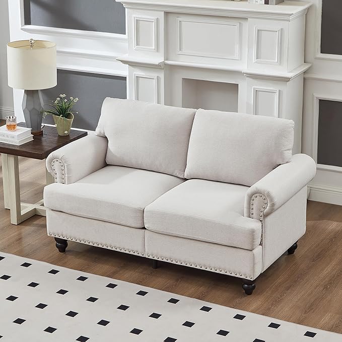 2 Pieses Living Room Sofa Sets Linen Fabric Couch and Loveseat with Nailhead Decor, Soild Wood Legs, Rolled Armrests & Storage ,2PCS Sofas 3 Seaters Couch and Love Seat for Living Room Furniture Sets