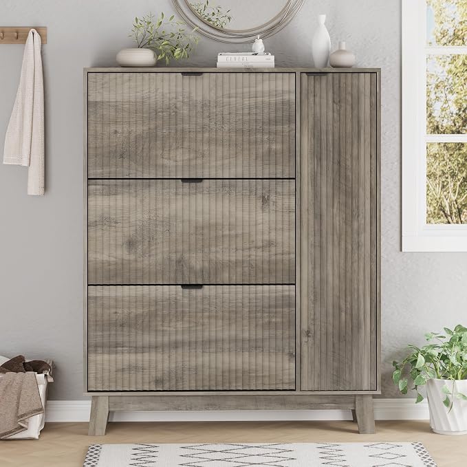 Xixini Shoe Cabinet with 3 Flip Drawers, 54" Tall Narrow Fluted Shoe Storage Organizer for Entryway, Hidden Wooden Shoe Rack with Adjustable Side Cabinet for Front Door Entrance, Hallway, Light Grey - Image 7