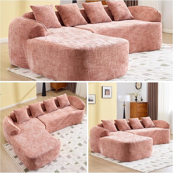 L Shaped Compression Sofa, Modular Couch with Curved Armrests & 4 Coordinating Pillows, Modern 101'' Chenille 4 Seater Sofa with Wide Seat for Living Room, Bedroom, No Assembly, Pink