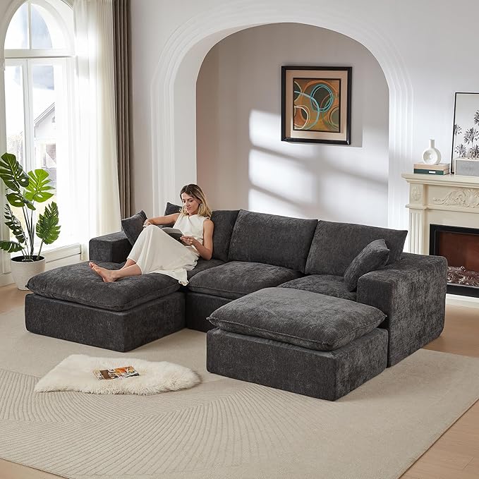 Cloud Modular Sectional Couches Boneless Sofa for Living Room, Oversized U Shaped Floor Couch with Movable Ottomans, Memory Foam Compressed 4 Seater Sofa for Bedroom Apartment | Plush, Wider Armrest, Free Combination