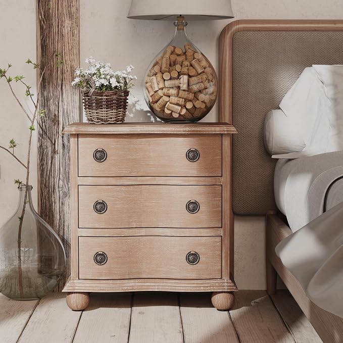 COZAYH Farmhouse 3 Drawer Nightstand with Distressed Wood Finish, Rustic Vintage Small Dresser with Curved Front Design, Solid Pine Base for Bedroom, Almost Fully Assembled, Transitional, Brown - Image 6