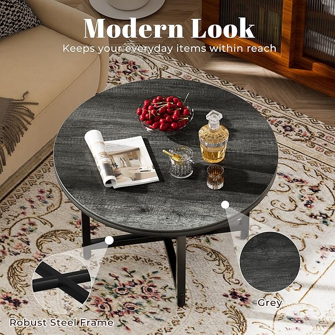 Round Coffee Table, Small Coffee Tables for Living Room, Wood Coffee Table with Metal Frame, Floor Table Desk for Sitting on The Floor, Home, Office, Farmhouse, Dark Gray (23.6" D x 17.7" H)