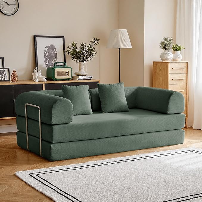 79'' Convertible Compressed Corduroy Folding Cloud Sofa Bed, 5 in 1 Modern Modular Boneless Pull Out Loveseat Sleeper in a Box, No Assembly Foldable Floor Futon Couch for Home, Green, Pillows, King