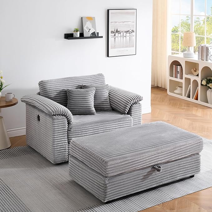 KEIKI 47.24 inch Corduroy Sofa, Corduroy Armchair with Storage Feet, 2 Throw Pillows, Sleeper Couch for Living Room, Apartment, Salon, Home Theater, Gray