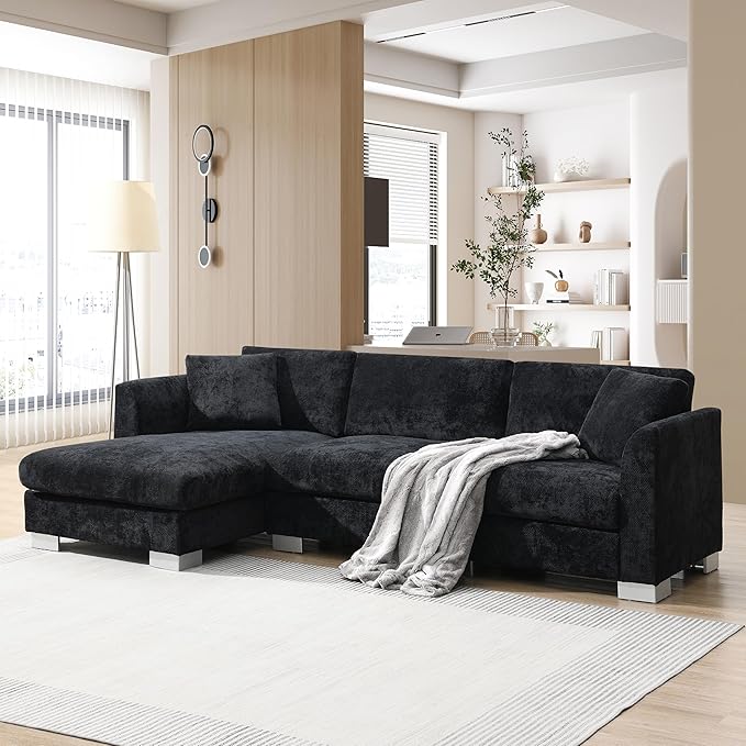 Deep Seat Oversized L Shaped Modular Sectional Sofa with Extra Wide Chaise, 4 Seater Cloud Lounge Sofa Corner Couch with Metal Legs and Detachable Cushions for Living Room Apartment, Chenille Fabric