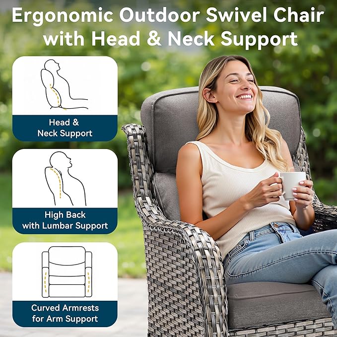 Luxury High Back Outdoor Furniture 6-Inch Thick Cushions with 50,000 BTU Gas Propane Fire Pit Tablet, Patio Furniture Set with Swivel Chairs, 8 PCS for Porch, Balcony, Deck and Yard