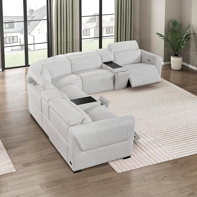 Lexicon Power Reclining Sectional Couches for Living Room-Modular Sectional Sofa, Wall Hugger, 3 Recliner Seats, 2 Console Cup Holders, Power Headrests, Charging Ports, 5 Seater Couch, Chenille Cloud