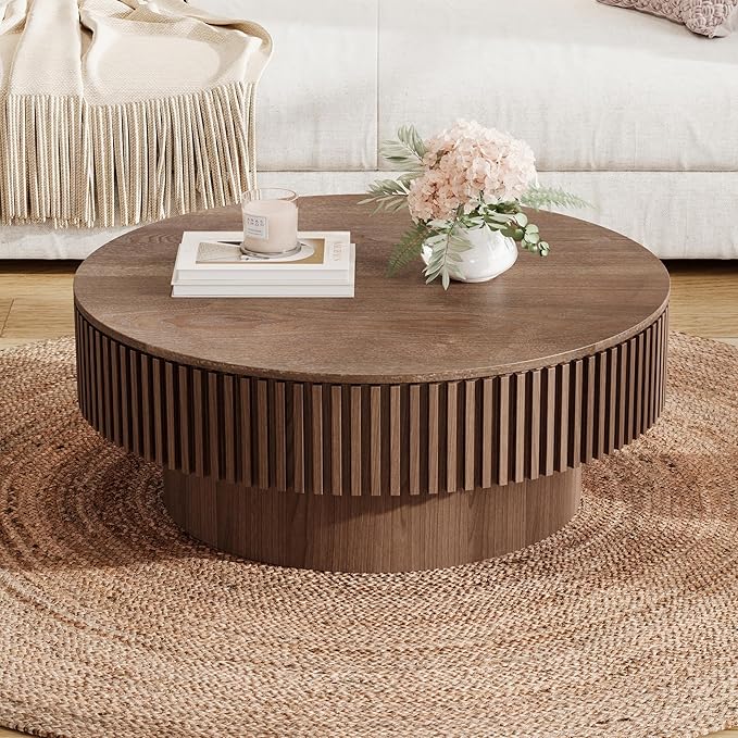 φ31.5 Round Coffee Table with Storage, Wood Veneered Pedestal End Table for Living Room, Modern Contemporary Circle Fluted Drum Side Table for Small Space - ø31.5" x 14"H Walnut