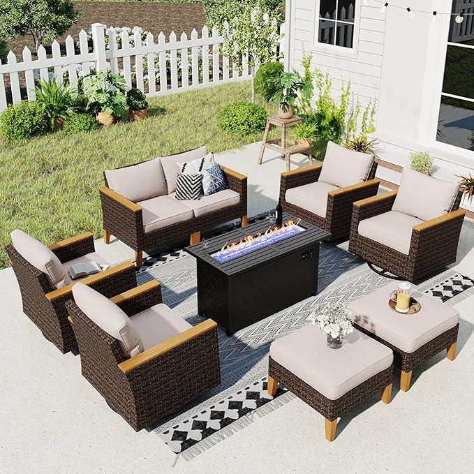 Sophia & William Patio Furniture Set with Fire Pit Table & Swivel Chairs, 9 Piece Outdoor Sectional Furniture Wicker Modular Sofa Couch, Conversation Set for Deck Backyard Lawn, Beige