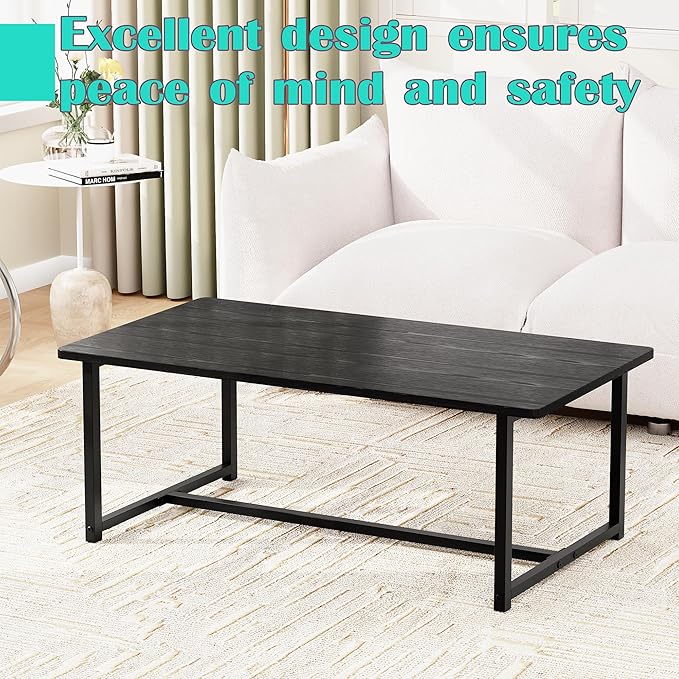 Coffee Table Living Room, Modern Center Table Rectangular, Industrial Furniture, Sofa End Tables/Tea Table/Table Basse De Salon with Metal Black Frame Black Top