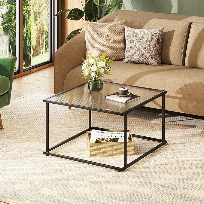 WLIVE Glass Coffee Table, Small Modern Coffee Table for Living Room with Wave Textured Glass & Metal Frame, Square Center Table for Small Spaces Apartment, Office, 26.4 x 26.4in, Dark Black