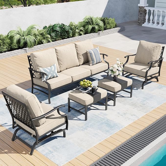 Patio Furniture Set, Modern Metal Outdoor Patio Furniture, 3 Seater Sofa, 2 Rocking Chairs, 2 Ottomans and 5.75" Extra Thick Cushion, Patio Conversation Set for Garden Backyard Deck