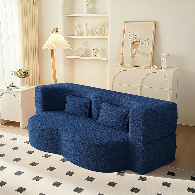 78" Convertible Sofa Bed, 2-in-1 Folding Floor Couch with 2 Pillows, Sleeper Sofa for Living Room and Bedroom, No Assembly Required (Blue, Teddy Fabric)