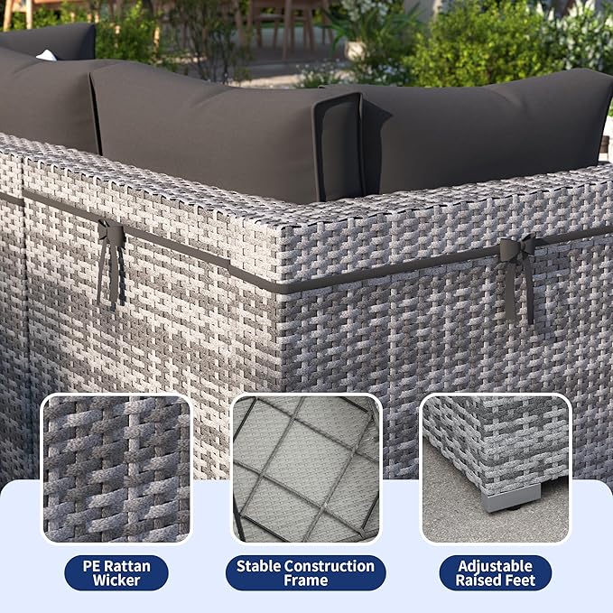 Patio Furniture Set, 12-Piece Outdoor Sectional with Waterproof Cover, All-Weather Wicker Patio Conversation Sets for Backyard (Grey with Black Cushion)