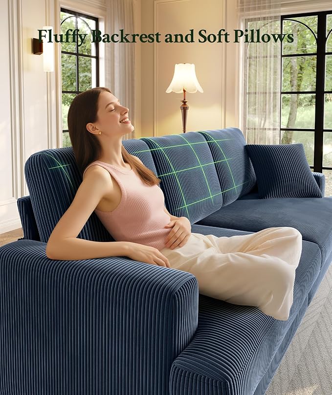 87.2" Couches for Living Room, Comfy Blue Couch 7.5" Extra Thick Cushion, Sofas for Living Room Tool-Free Setup, Loveseat Sofa 848lbs Support, Corduroy Couch for Bedroom, Apartment, Office