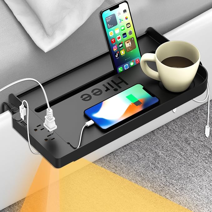 Bedside Shelf for Dorm Bunk Bed with USB Charging Port and 2 AC Outlets, Bedside Caddy, Attachable Bedside Table, College Dorm Essential Clip On Bedside Tray, Bunk Bed Accessories, Bedroom Furniture by Hiree