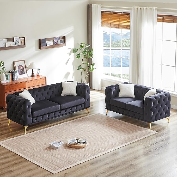 KEIKI 2-Piece Luxury Chesterfield Sofa Set with 1 Velvet 3-Seater Sofa & 1 Loveseat Sofa, Mid-Century 5-Seater Tufted Button Couch Set with 4 Pillow & High-Density Foam Cushion, for Living Room, Black