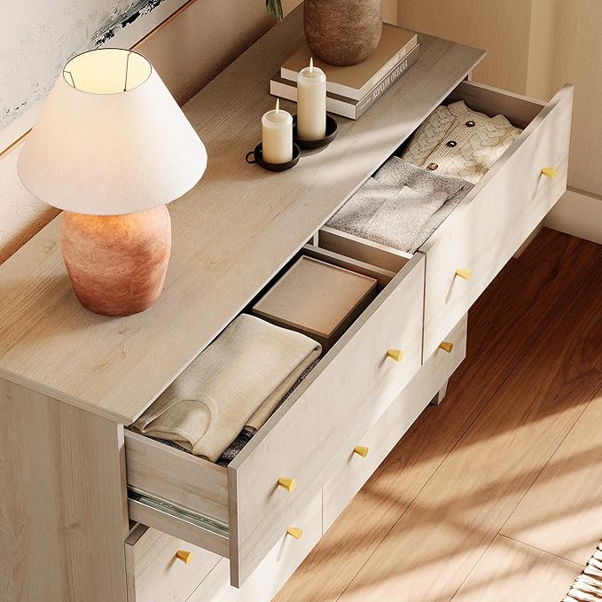 WAMPAT Dresser and Nightstand Set for Bedroom, 47.2 Inches Wood Dresser with 6 Drawers, 1 Piece Nightstand with Charging Station, Chest of Drawers and Bedside Table Set, Light Oak