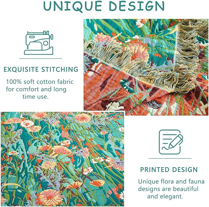 Boho Throw Blanket - 50"x60" 100% Cotton Ultra Soft Lightweight Spring Blanket, 4-Layer Breathable Muslin Blankets for Bed Couch, Reversible Green Floral Printed Bohemian Cotton Quilt