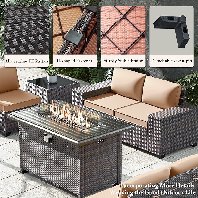 13 PCS Outdoor Patio Furniture Set,Outdoor Sectional Furniture with 43" 55000 BTU Gas Propane Fire Pit Table,All Weather PE Rattan Wicker Patio Conversation Set,Sand