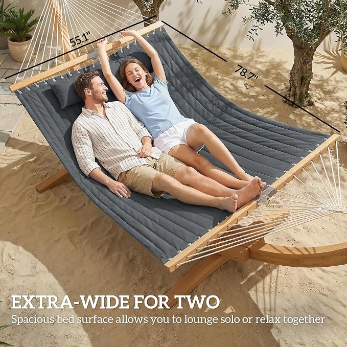 Outsunny Outdoor Hammock, 2-Person Hammock with Head Pillow and Pad, Wood Spreader Bars, 440 lbs Capacity, for Patio Yard Garden, 128" x 55", Gray - Image 4