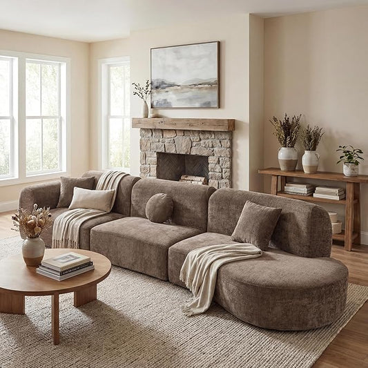 Christopher Knight Home Grelyn 140" Modular Sectional Sofa Couch, Wool Fabric Boneless Cloud Couch, Fully Compressed Home Sofa Living Room, 3-Piece Lounge Sofa with Chaise, Fully Assembled, Brown