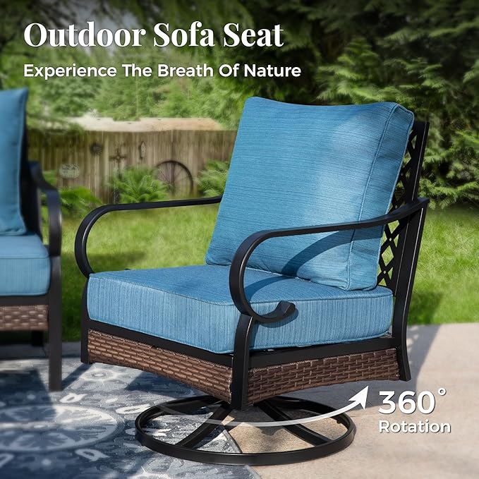 Patio Furniture Set with Coffee Table, Outdoor Conversation Set with 2 x Fixed Chairs, 2 x Swivel Chairs, 1 x 3-Seat Sofa for Lawn Garden Backyard, Pacific Blue