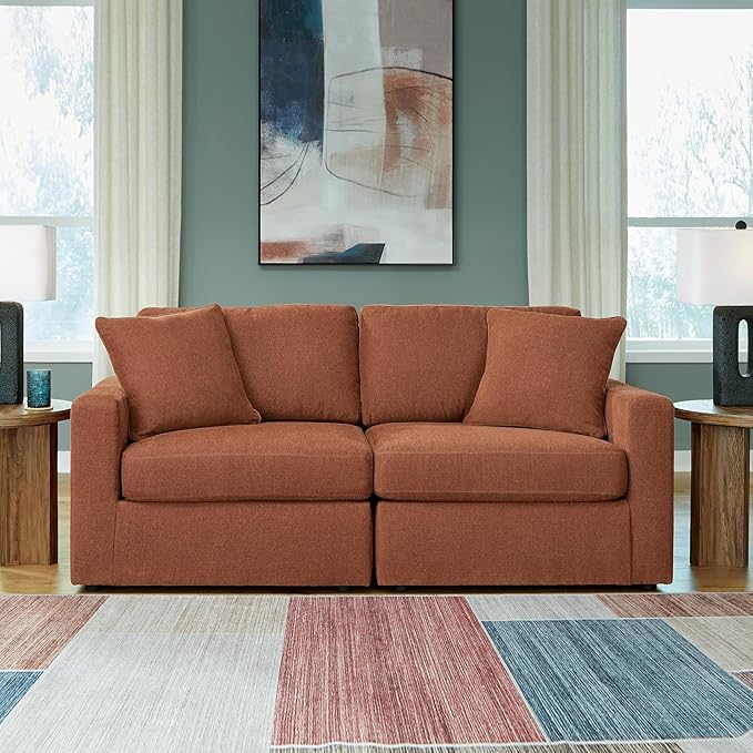 Signature Design by Ashley Modmax Modern Modular Stain Resistant 2-Piece Loveseat with Removable Covers and 2 Accent Pillows, Orange