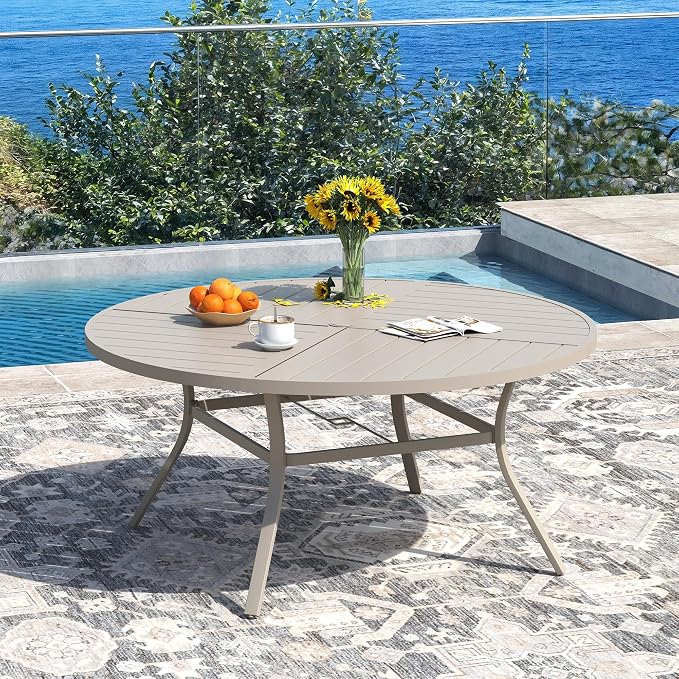 DIFY 9 Pieces Outdoor Patio Dining Set for 8, 53.1" Sandshell Round Metal Dining Table and 8 Sandshell Stackable Sling Dining Chairs, Outdoor Table and Chairs for Lawn Garden Backyard Deck - Image 2
