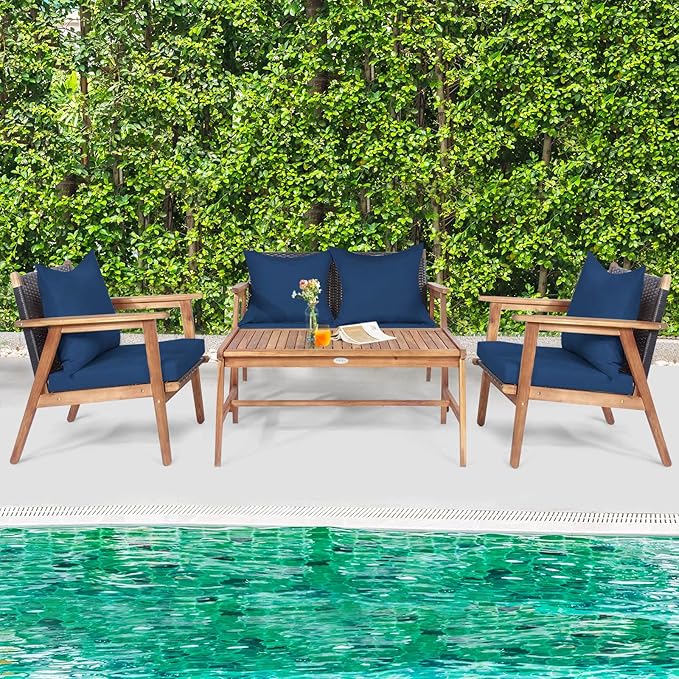 Tangkula 8-Piece Patio Furniture Set, Outdoor Acacia Wood Conversation Set with Cushions and Coffee Table, Outdoor PE Wicker Sectional Sofa Set for Garden, Poolside and Backyard (2, Navy)