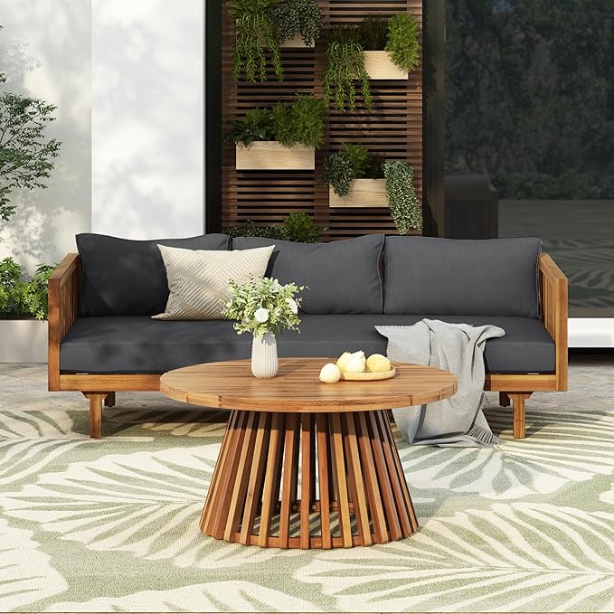 Christopher Knight Home Claremont Patio Sofa and Coffee Table Set, 2 Piece Outdoor Patio Furniture Set with Cushion, Acacia Wood 3 Seater Outdoor Sofa Daybed and Coffee Table Set, Teak+Dark Grey