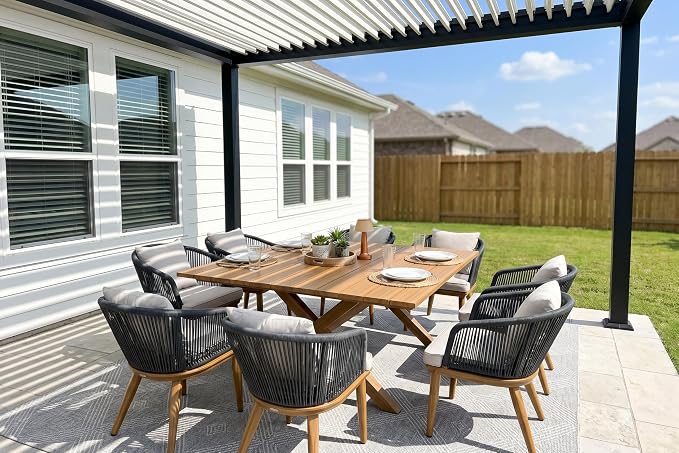 PURPLE LEAF 9 Pieces Outdoor Metal Furniture Set Patio Conversation Sets Wood Pattern Dining Set, 1 Dining Table and 8 Modern Chairs with Cushions Seat by PURPLELEAF