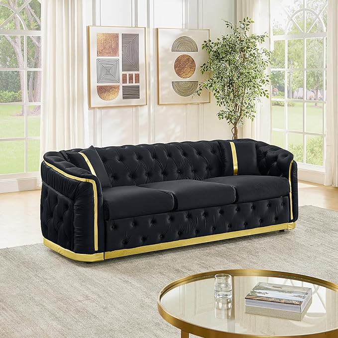 KEIKI 85" Luxury Oversized Velvet Chesterfield Sofa with 2 Pillow & Gold Stainless Decoration, Italian Modern Style 3-Seater Button Tufted Couch with Rolled Arms, Easy Assembly, for Living Room, Black