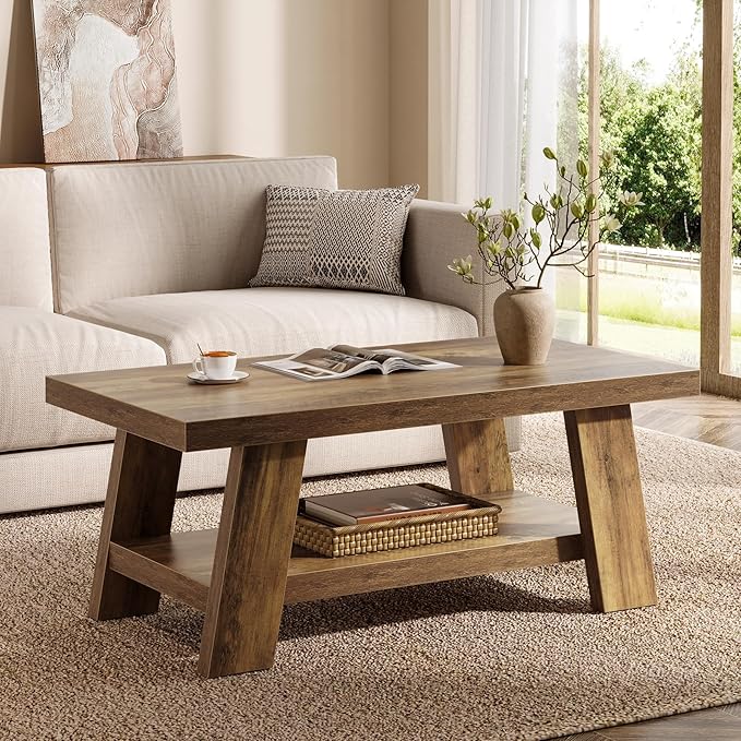 Tribesigns 47-Inch Farmhouse Coffee Table with Storage Shelf, Rustic Wooden Center Table for Living Room, 2-Tier Rectangle Coffee Table for Apartment (Rustic Brown)