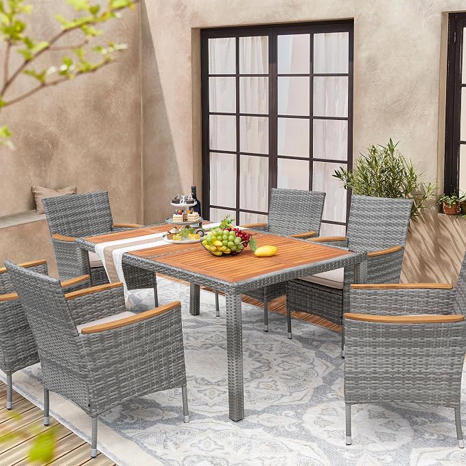 Devoko Dining 7 PCS Furniture, Patio Conversation Set with Acacia Wood Table Top, Outdoor, Beige Cushion and Grey Rattan - Image 8