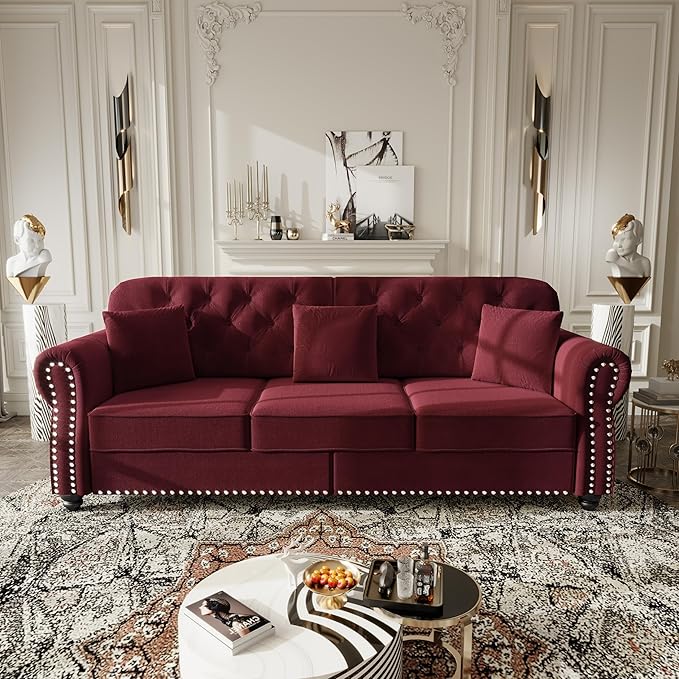 KEIKI 83" Velvet Chesterfield Sofa with Rolled Arms & Nailhead Trim & 2 Ottoman, Modern 3-Seater Button Tufted Couch with High Resilience Cushion & 3 Pillow, Easy Assembly, for Living Room, Burgundy